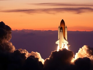  Space shuttle launch with a beautiful orange and purple sky during evening twilight