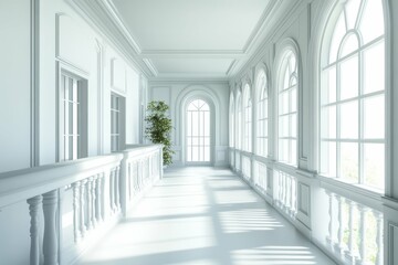 Obraz premium Second Story Interior Design: Spacious Walkway with White Railing in Luxury Home