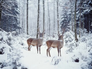 Obraz premium A pair of deer in a snow-covered forest during the holiday season.
