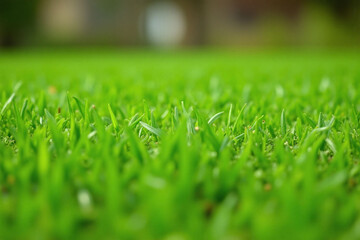 Close up grassy field vibrant green freshly cut grass