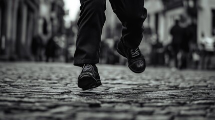 A person jogging in a cobblestone alley with foot raised