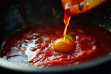 Shakshuka Pan Cooking: Fried Eggs with Tomatoes, Bell Pepper, Garlic, and Herbs