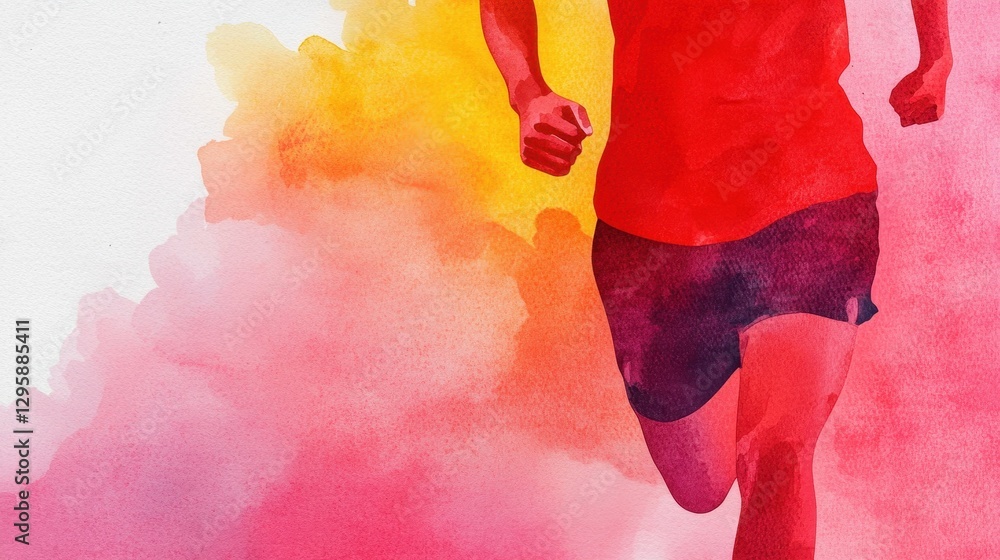 Poster dynamic runner in watercolor style with vivid splashes of color
