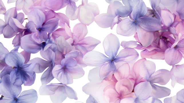Delicate lilac flowers falling on transparent background