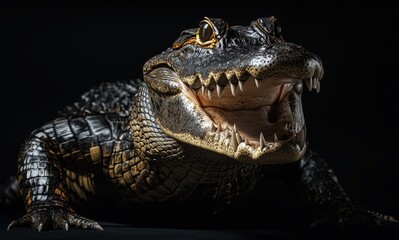 Fototapeta premium Close-Up of a Realistic Crocodile Model Featuring Detailed Scales, Sharp Teeth, and Intense Eyes Set Against a Dark Background Ideal for Wildlife Illustrations