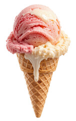 Delicious Strawberry and Vanilla Ice Cream Cone with Waffle Cone and Melting Creamy Texture