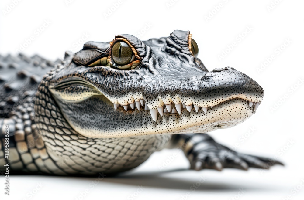 Poster close-up of a realistic crocodile sculpture with intricate details and sharp teeth set on a white ba
