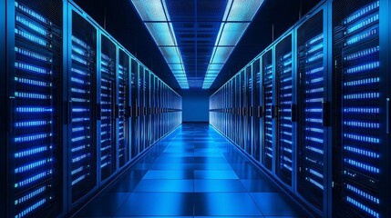 Blue Lit Server Room with Rows of Data Storage Cabinets and Cables