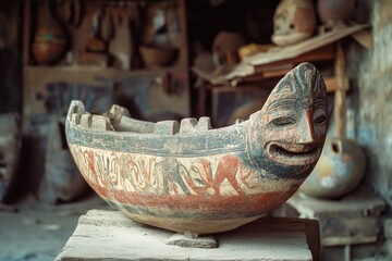 A vintage clay vessel with a cheerful smiling mask, showcasing ancient craftsmanship from a culture rich in art and history. Suitable for display in museums or collections.
