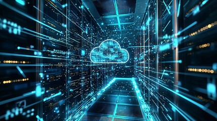 Digital Cloud Data Flow in Modern Server Room with Neon Lights