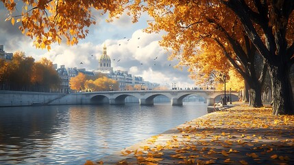 A hyper-realistic view of the Seine River during a vibrant autumn afternoon, the golden foliage of trees lining the banks reflected in the calm waters,