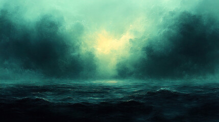 Fototapeta premium Dramatic seascape, vast ocean with dark waves, swirling clouds.