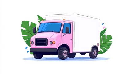 A pink delivery truck stands in front of tropical green leaves