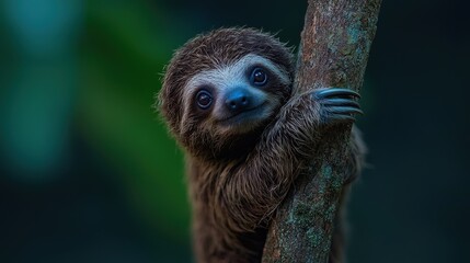 Naklejka premium A Cute Baby Sloth Hanging On A Tree Trunk And Smiling