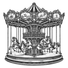 Vintage Carousel with Horses vector illustration