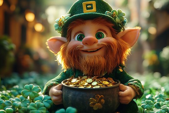  Whimsical Leprechaun in Green Hat Holding Pot of Gold Coins Surrounded by Clovers