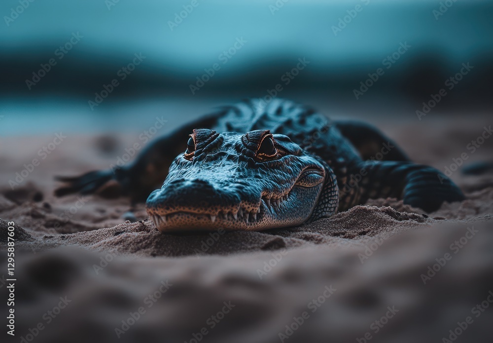 Poster close-up of a reptile lazing on sandy shore with calm ocean background and soft lighting capturing i