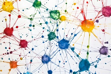 Colorful ink blots interconnected, network art on white background