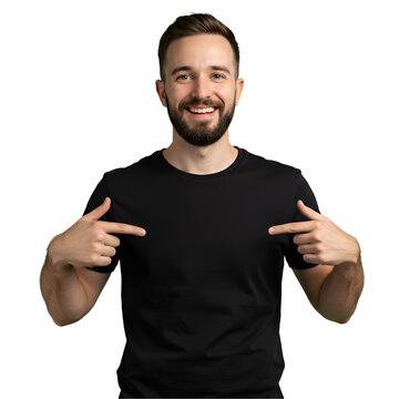 Mockup black shirt on a transparent PNG. The man is pointing to the middle of the shirt to reinforce the message