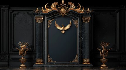 Luxurious golden and dark interior with ornate wall decoration