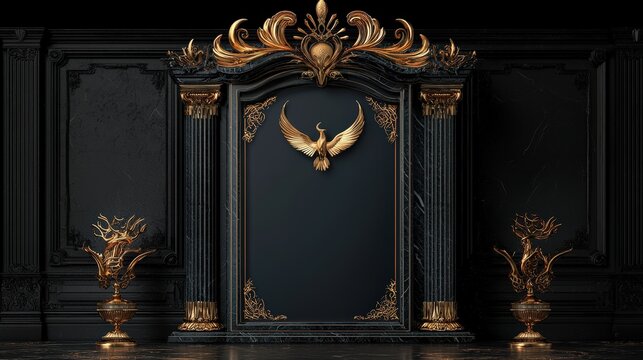 Luxurious golden and dark interior with ornate wall decoration