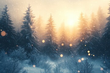 Naklejka premium Winter forest, snowy landscape, misty atmosphere, pine trees silhouette, golden hour