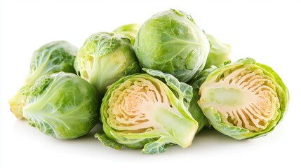 Brussels sprouts piled neatly on white surface. Fresh and uncooked, these small cabbage heads are ready for cooking.