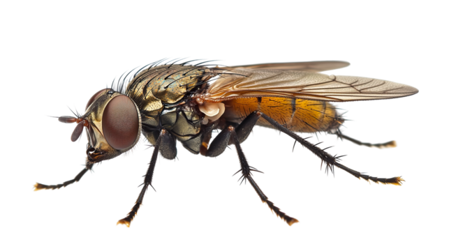 Isolated macro fly with hairy detail and green eye on white