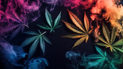 Marijuana leaves with colorful smoke on a black background creating an artistic visual effect