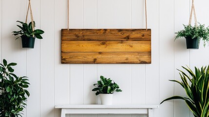 Rustic Wooden Sign Against White Wall with Hanging Plants and Greenery