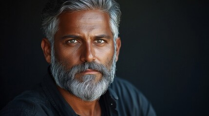 Obraz premium A mature man with striking silver hair and a full beard stands in a contemplative pose. His penetrating gaze reflects wisdom and depth, set against a contrasting dark background that adds intensity