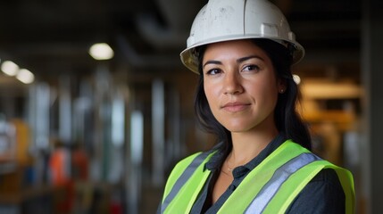 Confident female construction worker wearing safety helmet and reflective vest on site, showcasing professionalism and dedication in her workplace environment