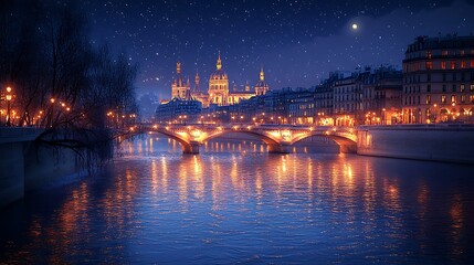 Obraz premium A hyper-realistic view of the Seine River in Paris, reflecting the vibrant lights of nearby bridges and buildings under a starlit night sky, with soft ripples and a peaceful ambiance. --ar 16:9