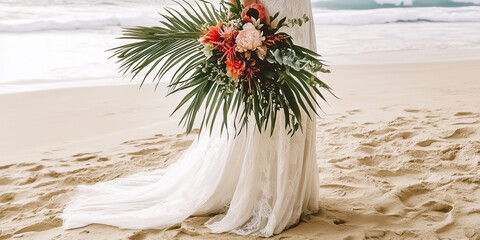Close-up of a bride's tropical bouquet featuring vibrant flowers and greenery on the beach, romantic detail, copy space