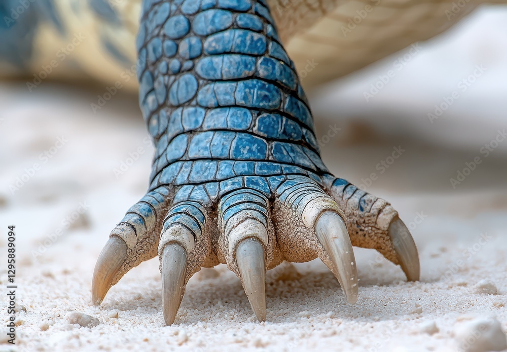 Poster close-up of a reptilian foot showcasing intricate scale patterns and sharp claws resting on sandy gr