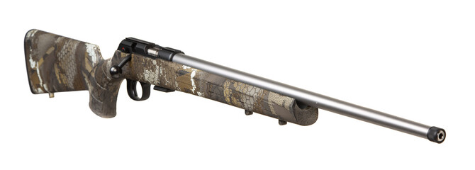 A streamlined bolt-action rifle with a synthetic camouflage stock and a stainless steel barrel.