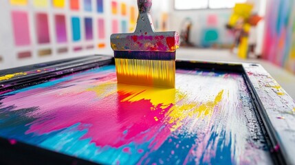 Vibrant screen printing action with squeegee creative studio artwork colorful environment close-up view