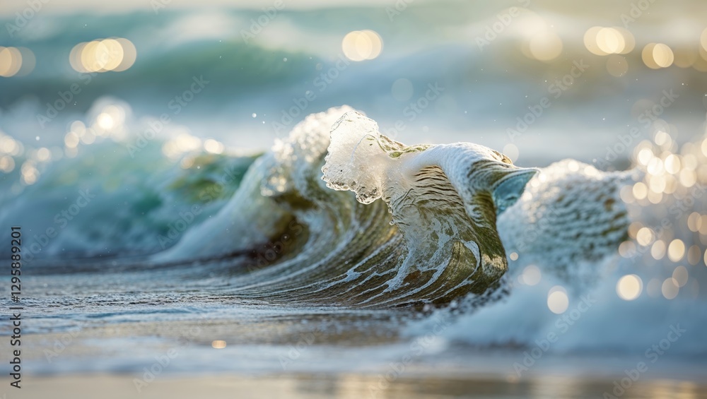 Poster waves crashing on a serene beach at sunset creating sparkling droplets in the golden light
