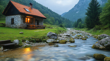 Fototapeta premium Mountain Cabin by River at Dusk