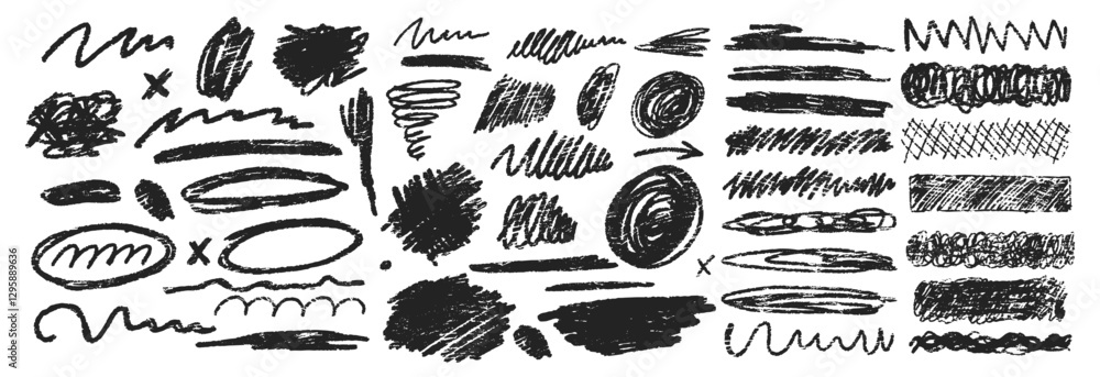 Poster scribble charcoal strokes vector set with crayon or pastel texture. charcoal pencil curly lines and 