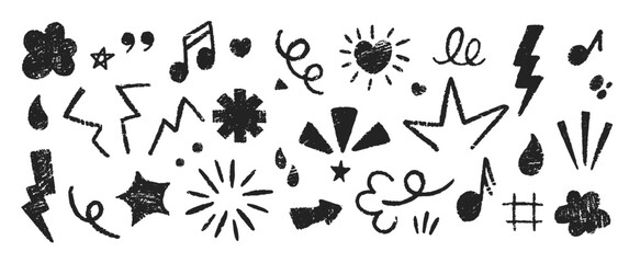 Set of emphasis symbols hand drawn with pastel or crayon. Grunge emo doodle elements on a white background.
