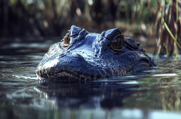 Fototapeta premium Close-Up of a Serene Alligator Gently Floating in Clear Water Surrounded by Greenery in a Calm Wetland Environment