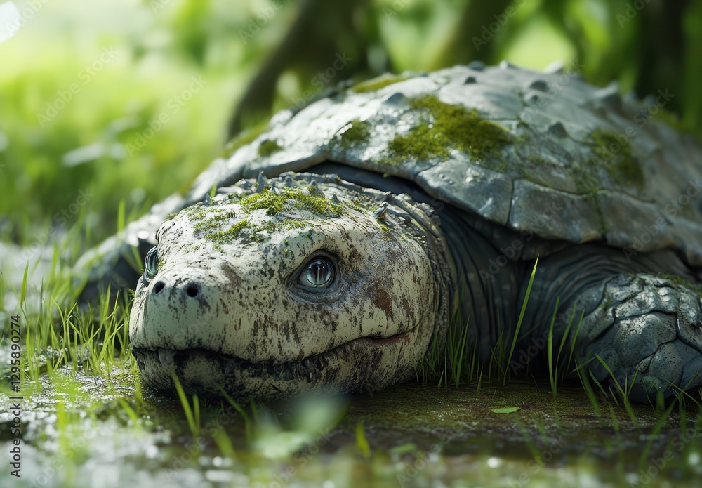 Poster close-up of a serene turtle resting in a lush green environment with soft focus background and natur