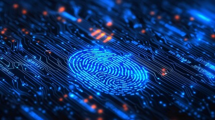 Blue Digital Fingerprint on Circuit Board Background Technology