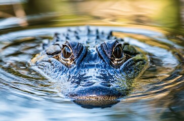 Close-Up of a Sinister Alligator Emerging from Water with Shimmering Ripples Underneath a Bright Blue Sky in a Natural Habitat