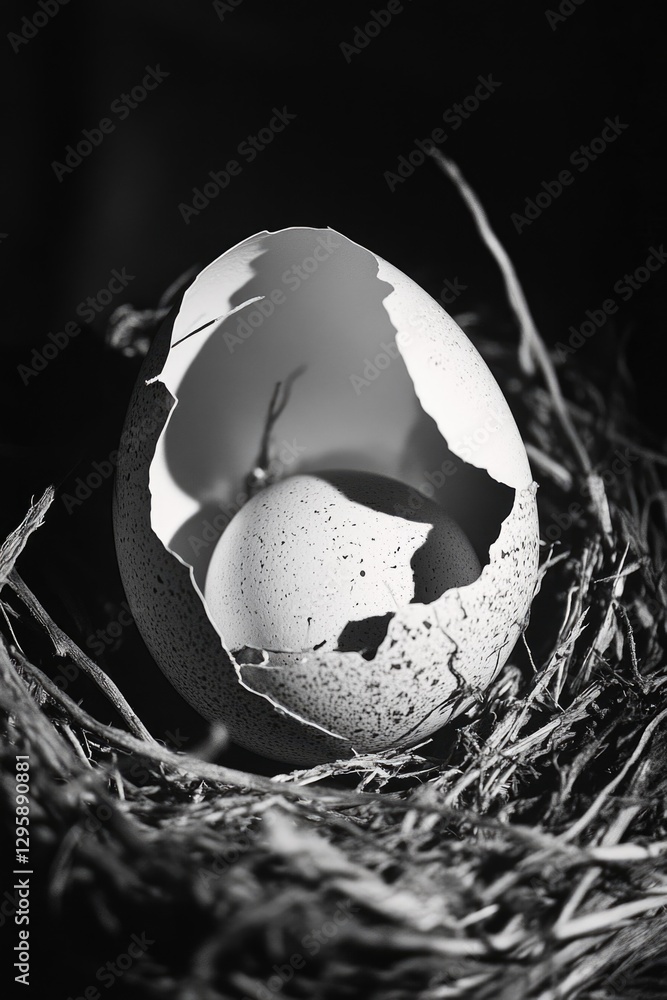 Poster an open bird's eggshell with natural cracks and fractures. closeup photograph of an egg broken from 