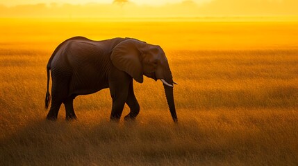 Naklejka premium An elephant walks across the plains at golden hour