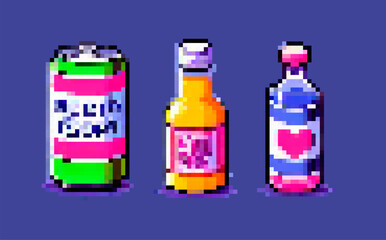 Pixel art image displays three beverage containers against a blue background: a soda can, an orange bottle, and a bottle with a heart. Vaporwave nostalgic style.