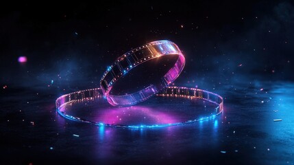 Two glowing film strips arranged in circles with particles around them