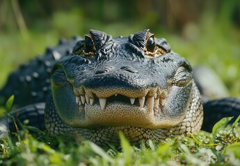 Obraz premium Close-Up of a Smiling Alligator on Grassy Ground Surrounded by Nature, Showcasing Distinct Features and Texture of Scales and Teeth